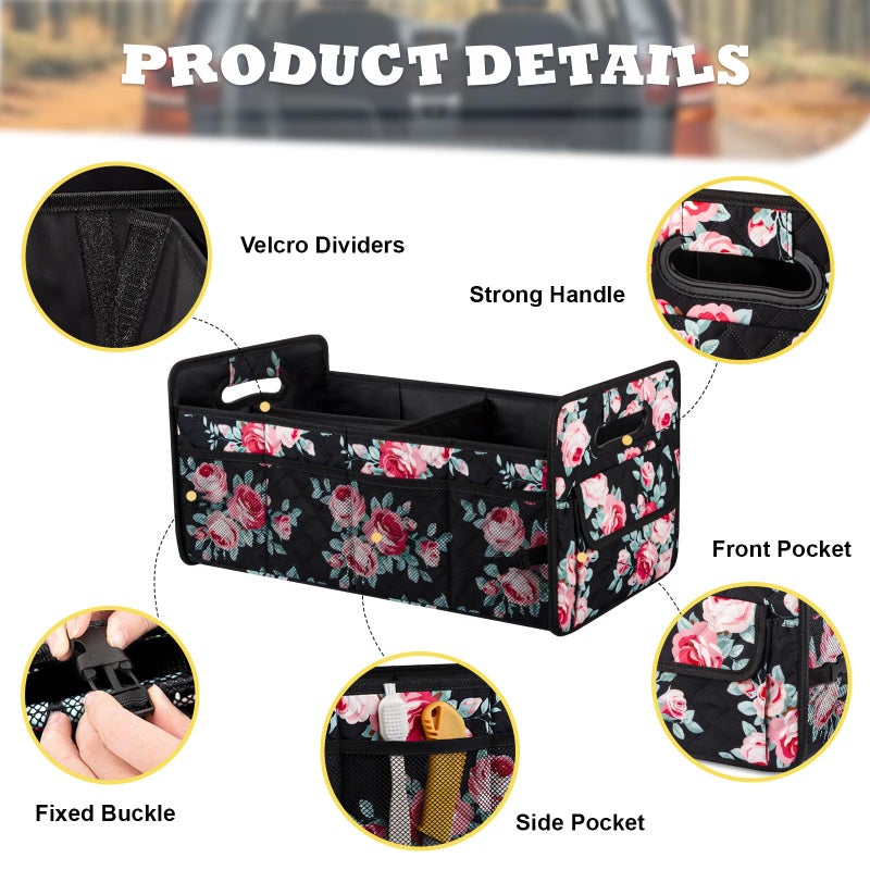 JiatuA Car Trunk Organizers and Storage Collapsible Multi Compartment Container Box, Adjustable Car Accessories for SUV Sedan Truck, Standard Size, Black Floral - Image 2